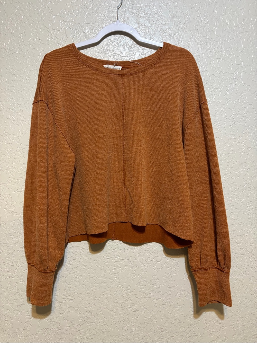 Loveriche Cropped Raw Hem Balloon Sleeve Ribbed Top Size Large
